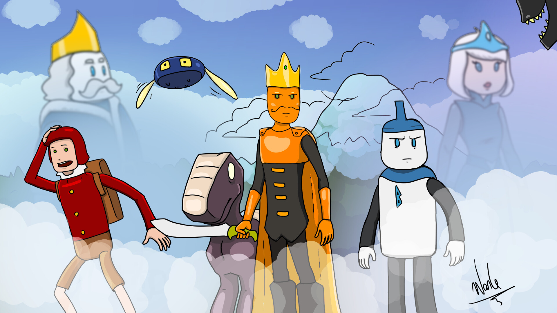Crônicas de Galgásia — personagens reunidos sob um céu azul